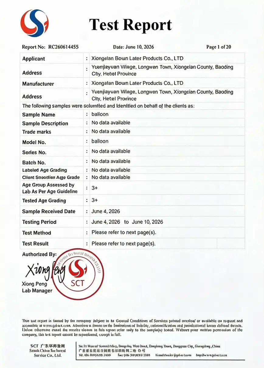 EN 71-12 test report for applicable Borun Latex Balloon products